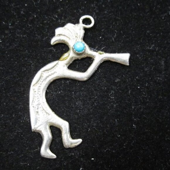 Handmade Jewelry - STERLING SILVER 200 GRAMS Kokopelli WITH TURQUOISE STONE  FIGURE PENDANT